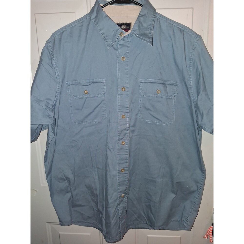 Wrangler Authentic Mens L Blue Short Sleeve Button Up Shirt 100% Cotton Work